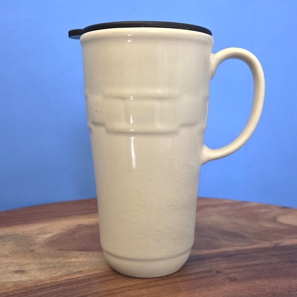 Longaberger Woven Traditions Travel Mug Ivory (Cream) w/Black Lid ~6.5" RETIRED - Picture 3 of 13